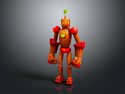 Wooden Apple Themed Robot Character For Game And Movie With Red Joints And Leaf 3d model