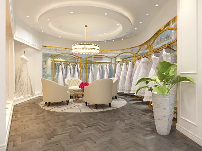 Elegant Bridal Shop Interior With Hanging Wedding Dresses Chandelier Chairs And Potted Plant 3d model