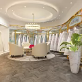 Elegant Bridal Shop Interior With Hanging Wedding Dresses Chandelier Chairs And Potted Plant