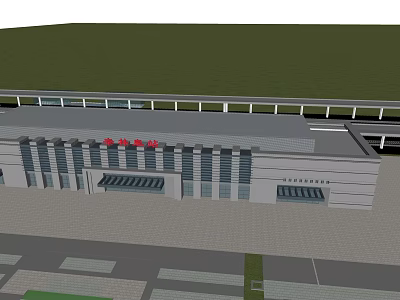 Modern Public Building Exterior With Gray Facade Red Signage And Spacious Plaza 3d model
