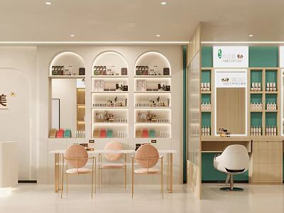 Modern Beauty Salon Interior With White And Green Arched Decor Shelves Products Chairs And Mirrors 3d model