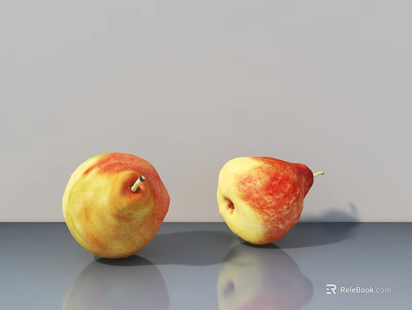 Two Fresh Red and Yellow Pears Placed on Shiny Gray Surface with Light Gray Background 3d model 