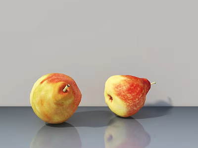 Two Fresh Red and Yellow Pears Placed on Shiny Gray Surface with Light Gray Background 3d model
