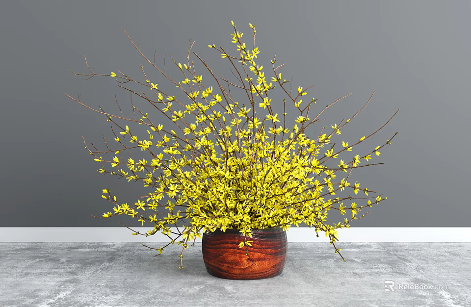 Blooming Yellow Flowers With Slender Branches In Brown Wooden Vase On Gray Tabletop 3d model 