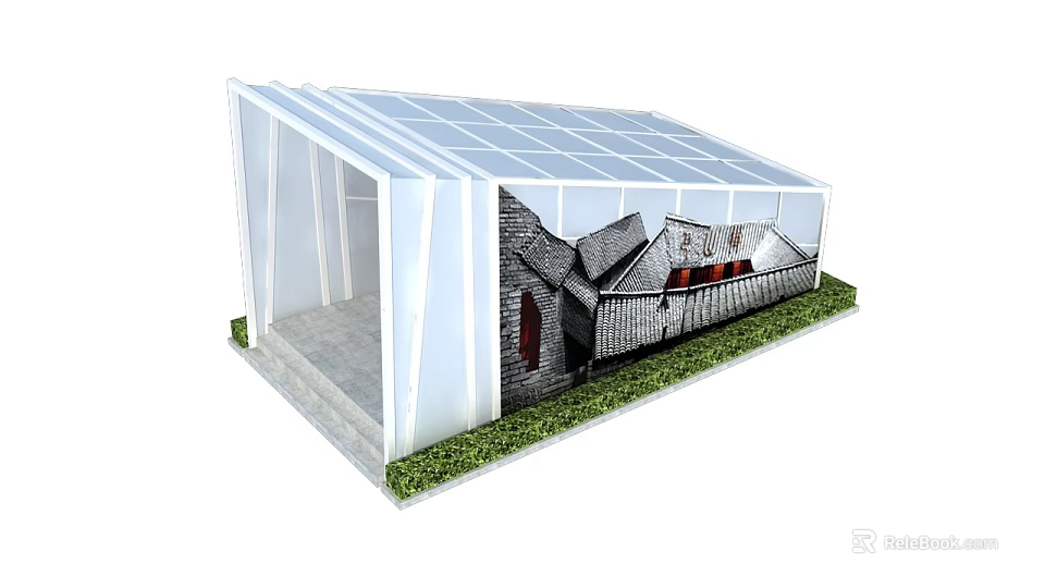 Modern Roadside Shelter With Transparent Roof And White Frame Green Lawn And Seating Inside 3d model 