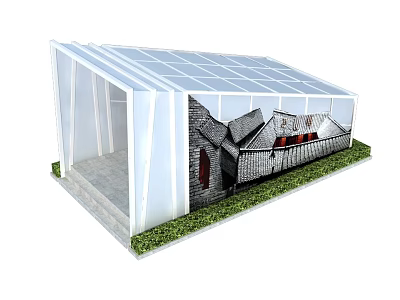 Modern Roadside Shelter With Transparent Roof And White Frame Green Lawn And Seating Inside 3d model
