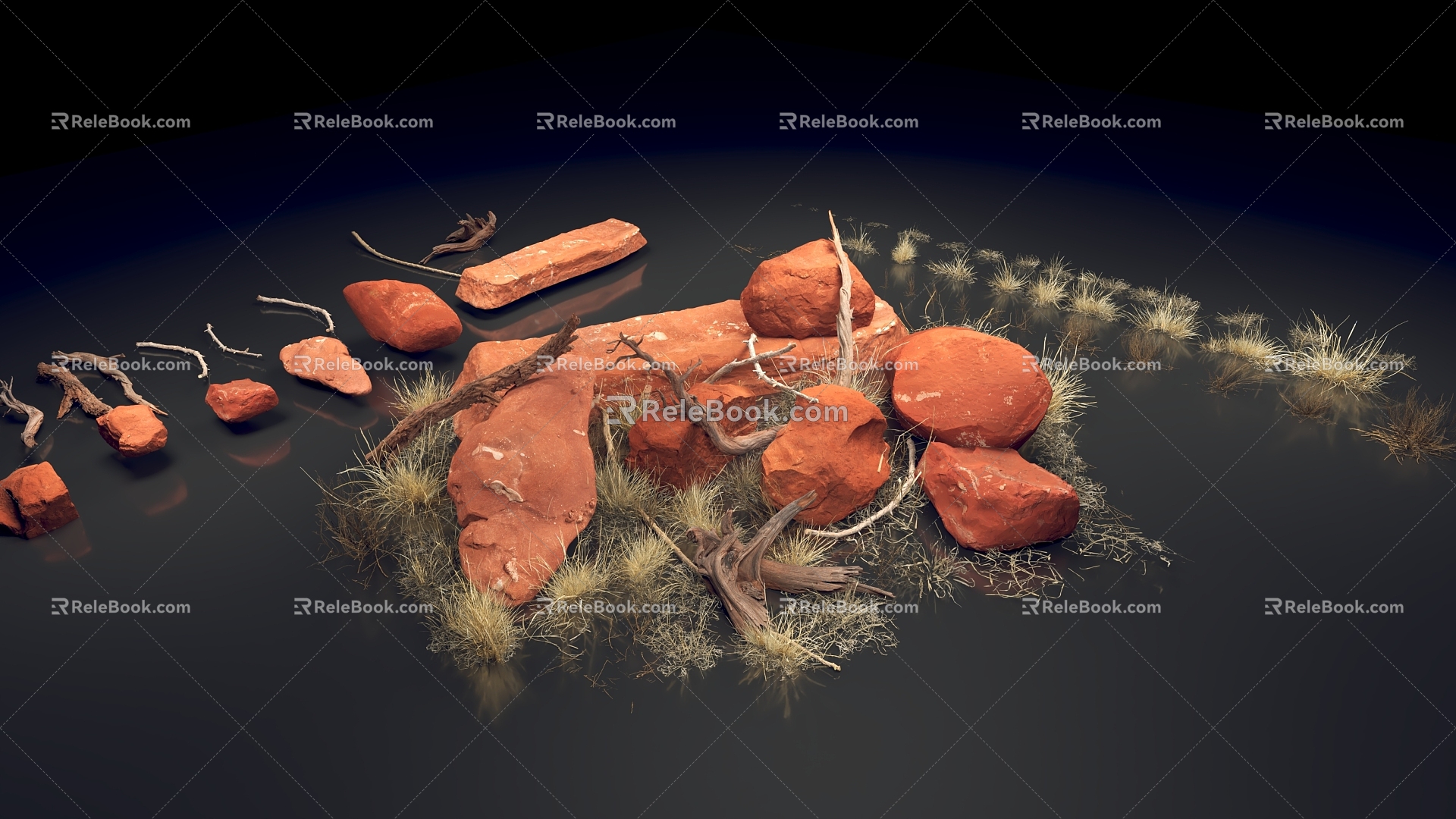 Modern Gobi Wilderness Rock Wild Grass Wood 3d model