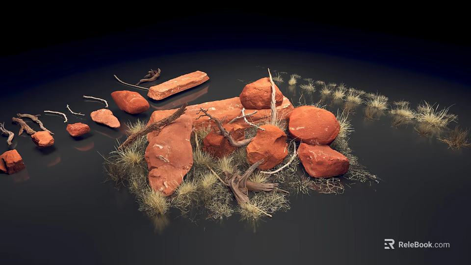 Natural Landscape with Red Stones Dry Grass and Slender Branches on Dark Background 3d model 