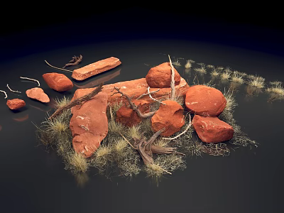 Natural Landscape with Red Stones Dry Grass and Slender Branches on Dark Background 3d model