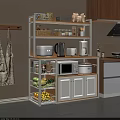 Kitchen Storage Shelf with Microwave Coffee Maker Rice Cooker Vegetable Fruit Baskets and Cabinet 3d model