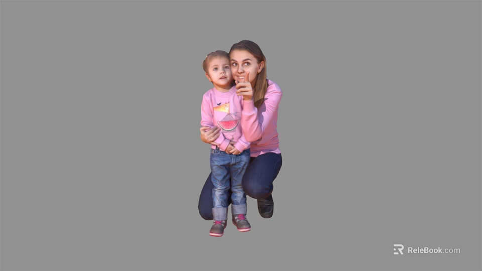 Woman Crouching Down To Hug Child In Pink Outfits Gesturing Silence 3d model 