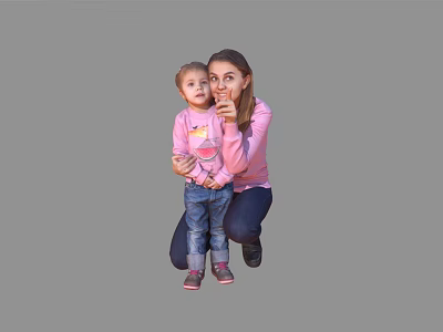 Woman Crouching Down To Hug Child In Pink Outfits Gesturing Silence 3d model