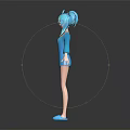 Cartoon Blue Haired Female Character With Ponytail Blue Dress Blue Shoes 3D Model Standing