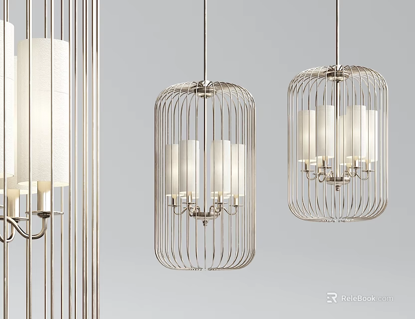 Modern Stylish Elegant Chandeliers With Cage Like Metal Frame And White Shades 3d model 
