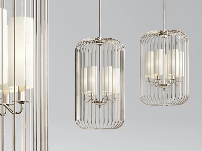 Modern Stylish Elegant Chandeliers With Cage Like Metal Frame And White Shades 3d model
