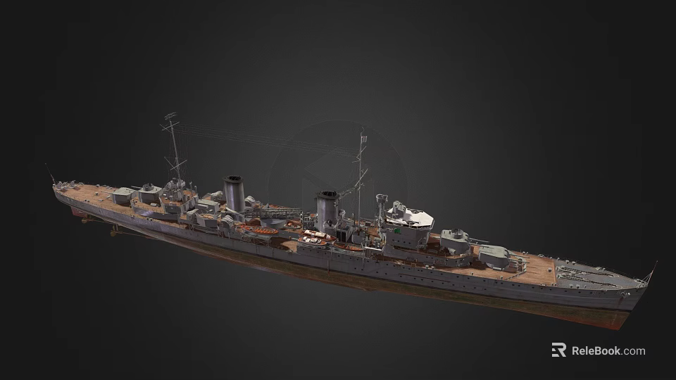 Detailed Warship 3D Model With Turrets Masts Twin Funnels And Deck Details 3d model 
