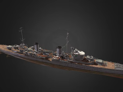 Detailed Warship 3D Model With Turrets Masts Twin Funnels And Deck Details 3d model