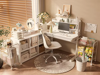 Cozy White Desk Setup With Computer Chair Storage Plants And Blinds 3d model