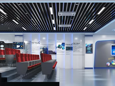 School Science Classroom With Red Seats Interactive Displays And Ceiling Lights 3d model