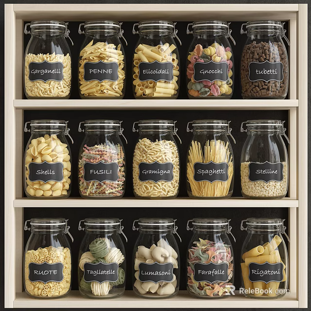 Glass Spice Jars Holding Various Labeled Pasta Types Arranged On Kitchen Shelf 3d model 