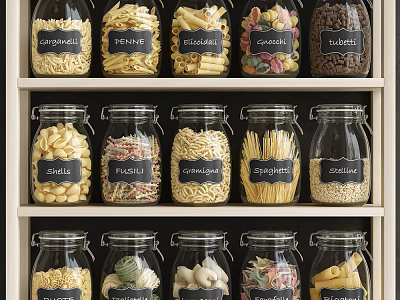 Glass Spice Jars Holding Various Labeled Pasta Types Arranged On Kitchen Shelf 3d model
