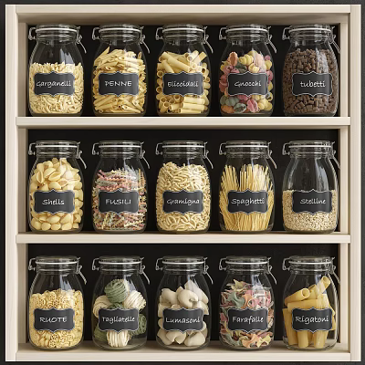 Glass Spice Jars Holding Various Labeled Pasta Types Arranged On Kitchen Shelf 3d model