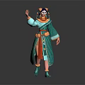 Dynamic Game Movie Character With Turquoise Robe Red Accents And Painted Face Headdress