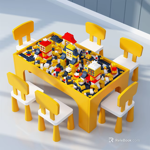 Yellow Kids Table with Lego Blocks and Surrounding Yellow Chairs for Play 3d model 