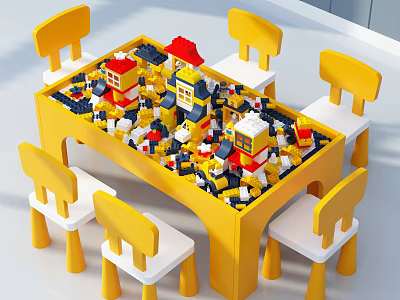 Yellow Kids Table with Lego Blocks and Surrounding Yellow Chairs for Play 3d model