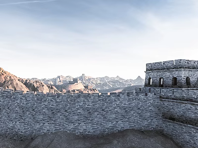 Scenic View of Great Wall of China with Rugged Mountains and Clear Blue Sky 3d model