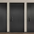 Three Modern Black Hinged Doors With Vertical Stripes On Light Colored Walls 3d model