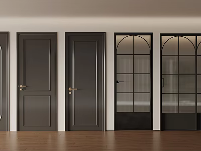 Different Styles Of Dark Gray Wooden Doors With Arched And Grid Glass Panels 3d model
