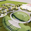Modern Park Landscape Featuring Green Lawn Curved Bridge Pathway Trees Street Lamp And Blue Sky