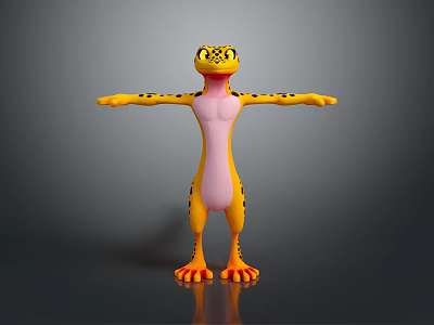 Cartoon Reptile Lizard Yellow With Black Spots Outstretched Limbs Pink Belly On Gray Background 3d model