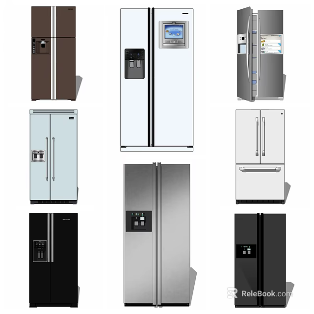 Various Modern Refrigerators And Freezers In Different Styles And Colors For Home Kitchens 3d model 
