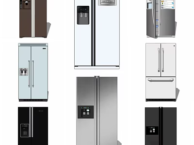 Various Modern Refrigerators And Freezers In Different Styles And Colors For Home Kitchens 3d model