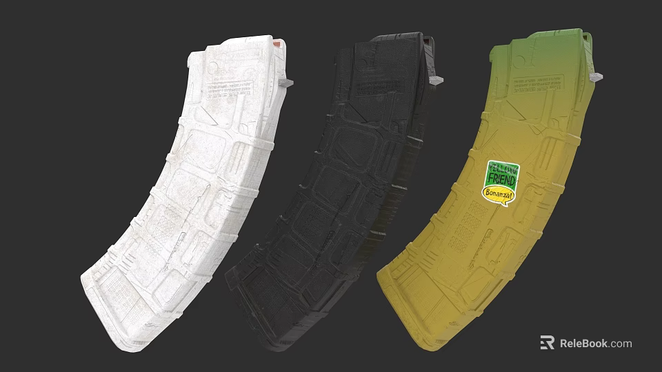 Weapon Magazines in White Black Yellow Colors with Green Label Design 3d model 