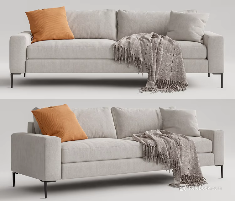 Light Gray Two Seater Sofa Featuring Orange Cushion Gray Fringe Blanket And Black Slim Legs 3d model 