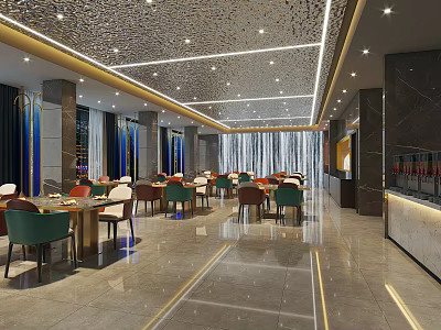 Modern Spacious Restaurant Interior With Dining Tables Colorful Chairs And Pendant Lights 3d model