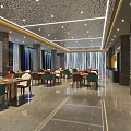 Modern Spacious Restaurant Interior With Dining Tables Colorful Chairs And Pendant Lights