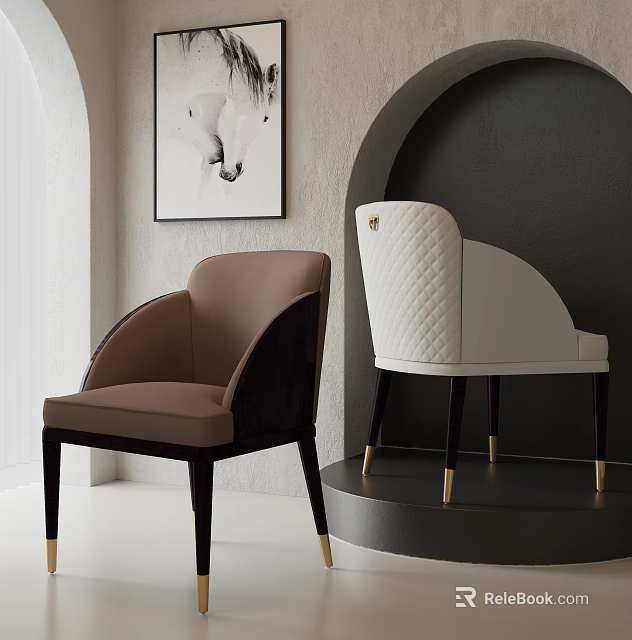 Modern Accent Chairs Featuring Brown White Upholstery Quilted Backrest Gold Metal Legs Design 3d model 