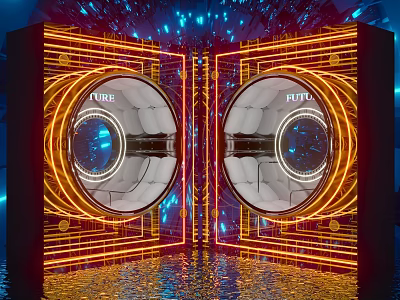 Check in Photo Spot With Symmetric Circular Drums Neon Decor Blue Red Lighting And Water Reflection 3d model