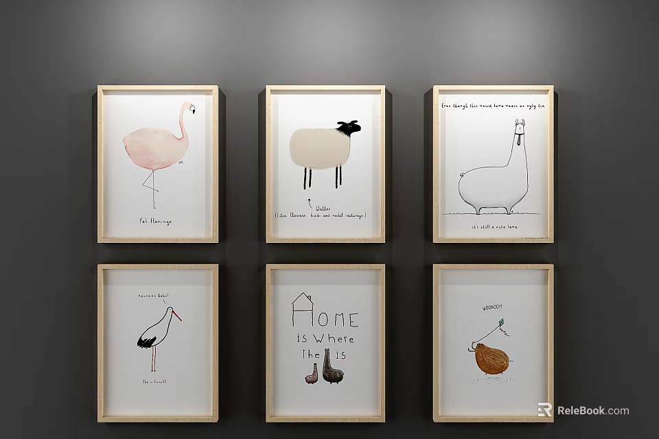 Framed Animal Paintings With Simple Designs Hanging On Gray Wall Decor 3d model