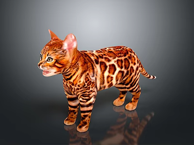 Elegant Bengal Cat With Brown and Black Spotted Coat Standing on Grey Background With Reflection 3d model