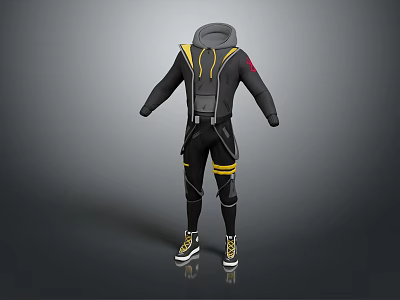 Hooded Black Tactical Outfit With Yellow Accents And Modern Sneakers Design 3d model