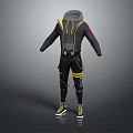 Hooded Black Tactical Outfit With Yellow Accents And Modern Sneakers Design