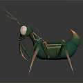 Futuristic 3D Mechanical Mantis Character With Green Body Gold Accents And Red Eyes