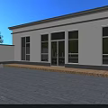 Modern Outdoor Garden Landscape With Patio Gray Stone Tiles Large Windows Glass Doors And Trees