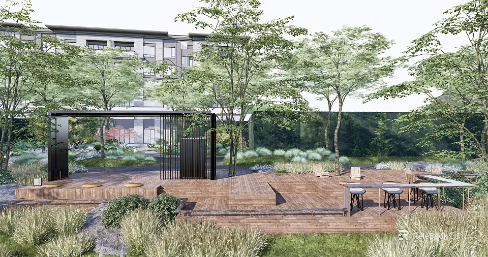 Stylish Courtyard Garden With Wooden Deck Trees Green Plants Outdoor Tables Chairs And Black Screen 3d model 