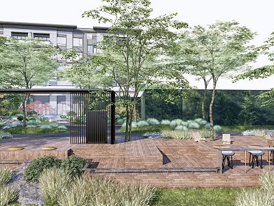 Stylish Courtyard Garden With Wooden Deck Trees Green Plants Outdoor Tables Chairs And Black Screen 3d model